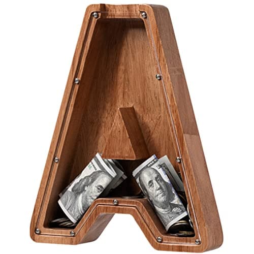 Piggy Bank for Kids Boys Girls Wooden Large Letter Piggy Bank Alphabet Money Bank with Initial A Coin Bank Fun Gifts for Birthday Christmas Festival Baby Shower