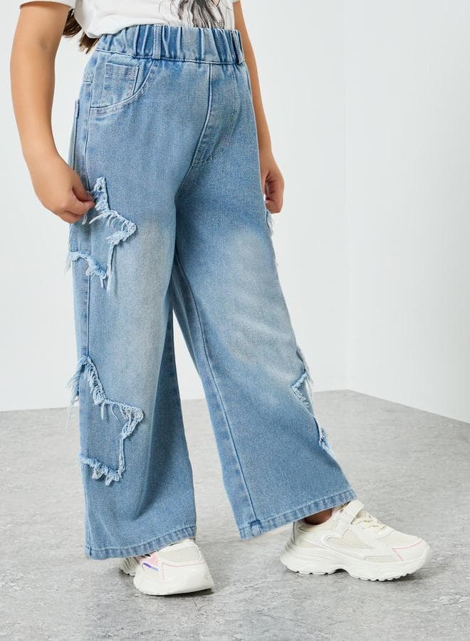 Girls Blue Wide Leg Jeans with Distressed Star Detail