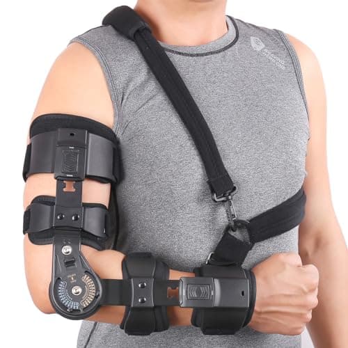 GHORTHOUD Hinged ROM Elbow Brace - Adjustable Post Op Elbow Brace Stabilizer Splint with Strap Sling Arm Injury Recovery Support After Surgery for Men Women (Black, Right)