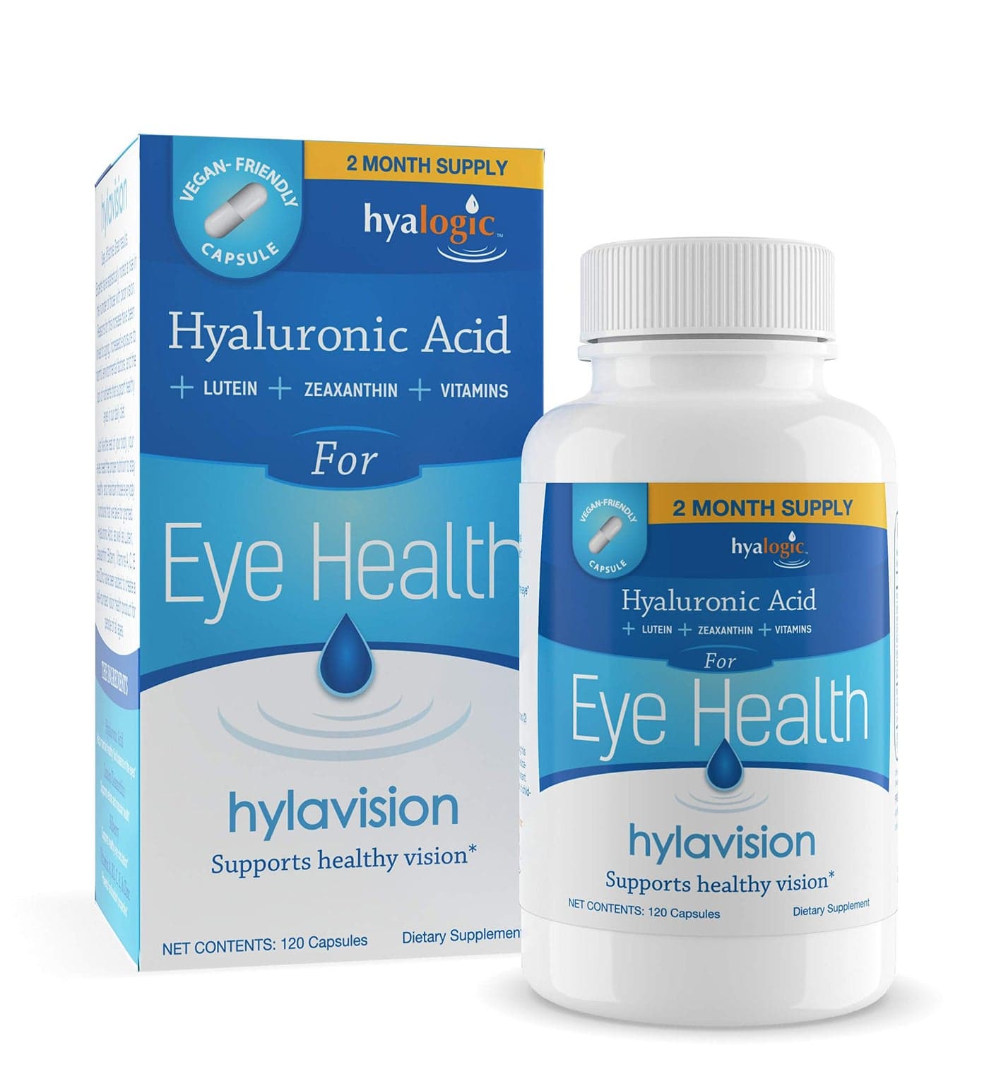HylaVision Eye Health Supplements Hyaluronic Acid Lutein and Zeaxanthin Dietary Supplements for Vision Support 120 Capsules Vegan Formula by Hyalogic