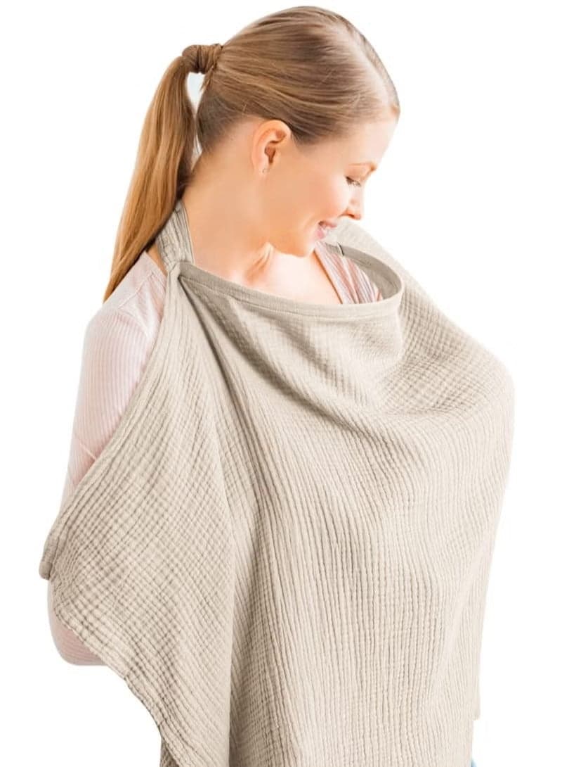 Muslin Nursing Cover Breathable 100 Percent Cotton Breastfeeding Apron with Rigid Hoop Multiuse Baby Carseat Canopy Khaki
