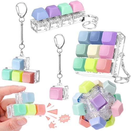 Halloscume 5 Pcs Keyboard Adult Fidget Clicker in 5 Styles Keyboard Fidget Keychain Cube Mechanical Key Button Clicker Stress Relief Gift for Office Home Pass TimeMacaron Colors