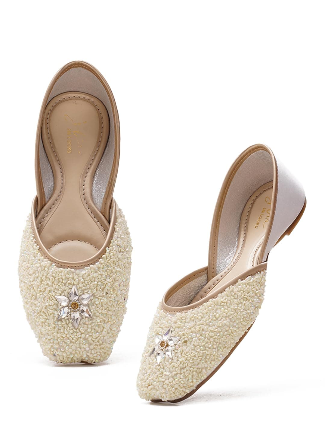 JM LOOKS 1 Designer Punjabi Jutti for Women | Stone & Pearl Embellished Mojari for Brides & Special Occasions White