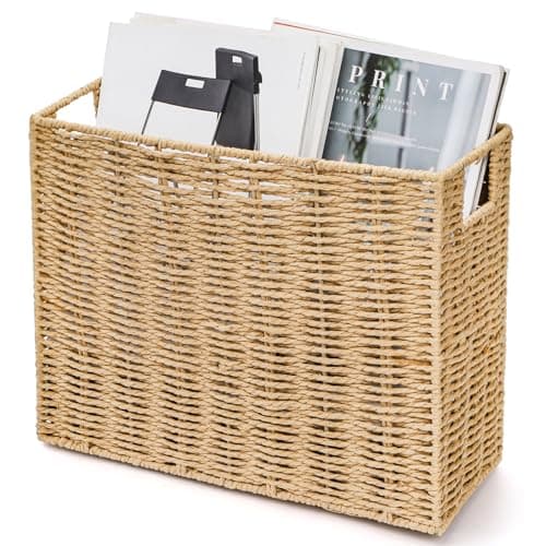 Nagpew Woven Magazine Holder, 15'' x 6'' x 11'' Book Basket with Built-in Handles, Narrow File Storage Newspaper Organizer for Living Room, Bedroom, Office, Bathroom