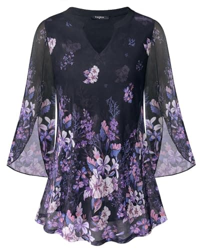 VALOLIA Ladies Tops and Blouses Classy: Resort Wear - Peasant Blouses for Women - Flowy Tops for Women Plus Size Summer Outfits Double Layer Tummy Hide Vacation Tunic for Spring Summer M Black Violet