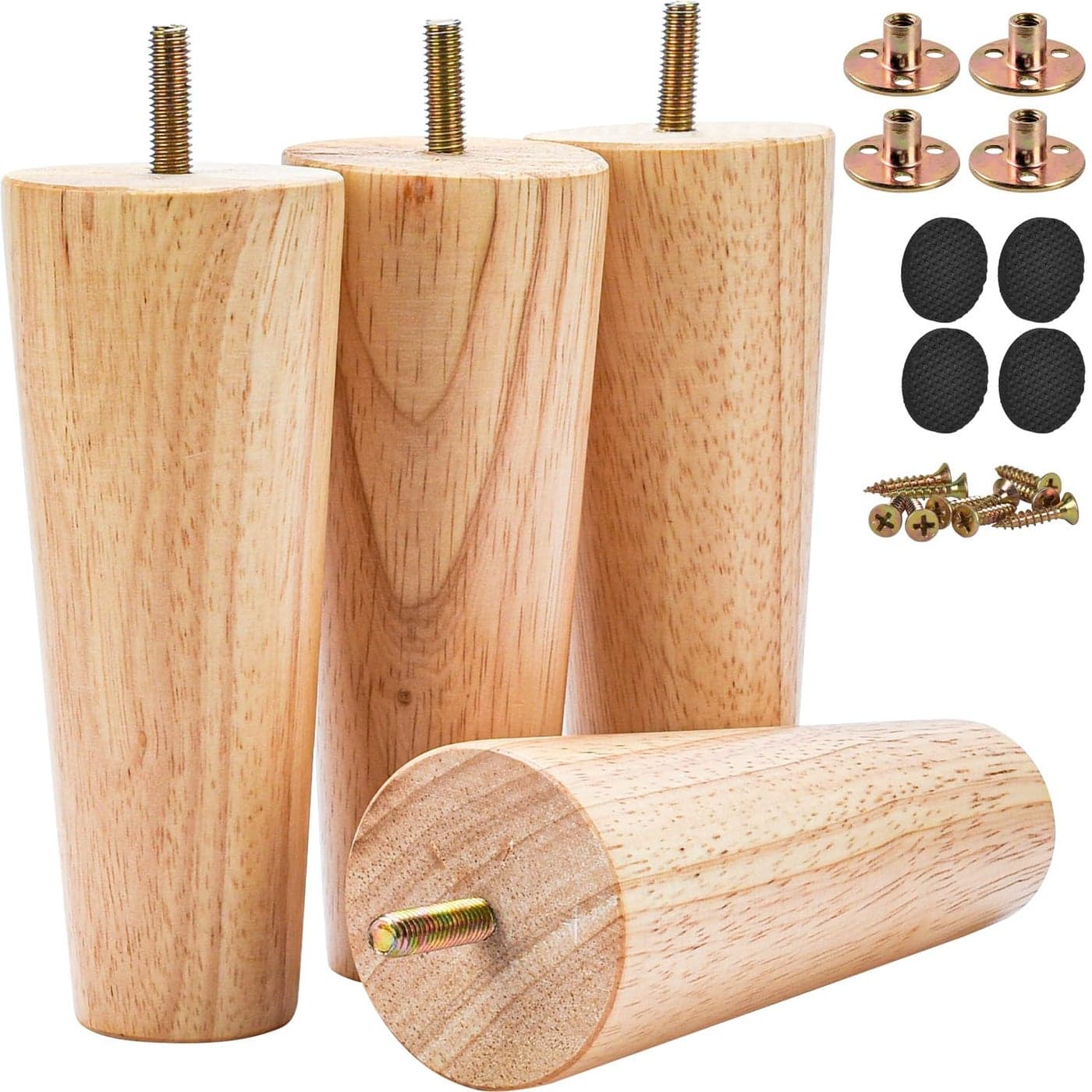 Btowin 6 inch Solid Wood Furniture Legs 4Pcs MidCentury Modern Wooden Replacement Feet with Threaded 516 Hanger Bolts Mounting Plate Screws for Sofa Couch Armchair Cabinet TV Stand