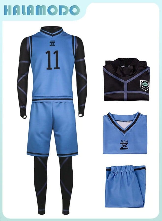 Blue Lock Anime Isagi Yoichi No.11 Basketball Jersey Set, Full Uniform with Onesie, Top Shorts, Cosplay Costume for Men Women, Double-Sided Print, Blue/Black, M