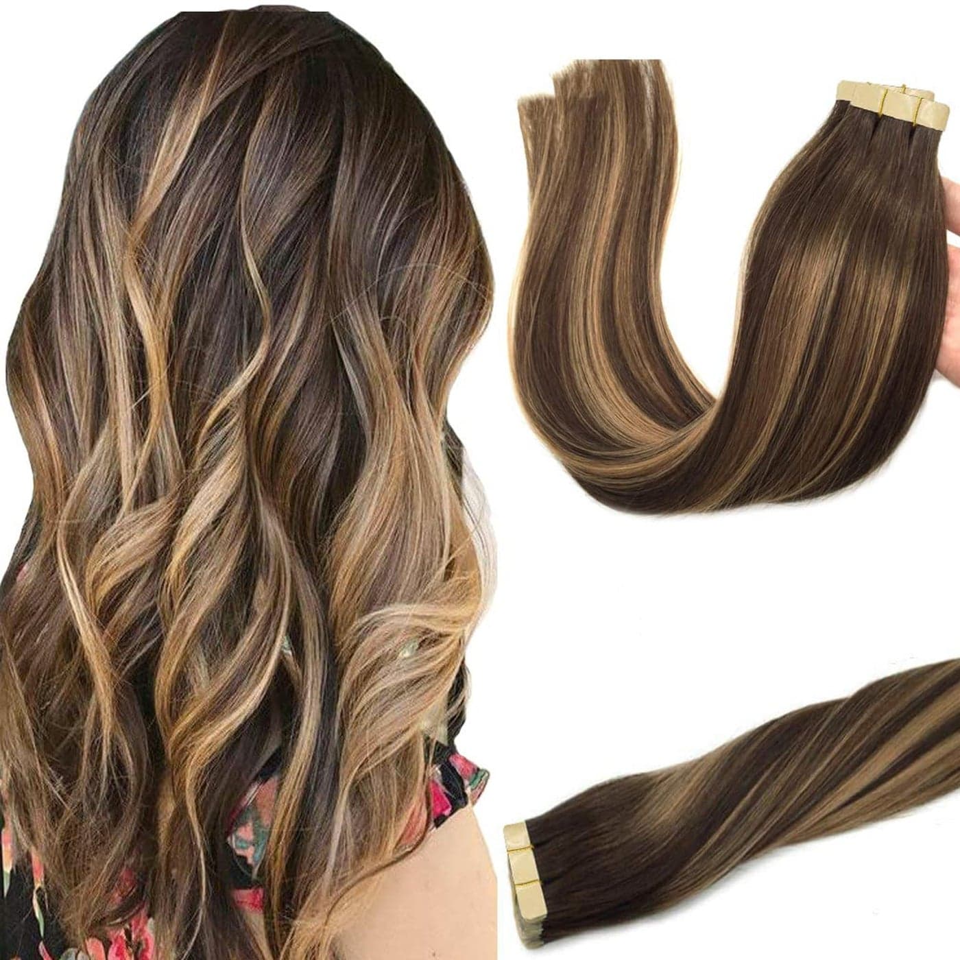 GOO GOO Tape in Hair Extensions Human Hair 4274 Balayage Chocolate Brown to Caramel Blonde 20inch 50g 20pcs Thick Ends Straight Seamless Invisible