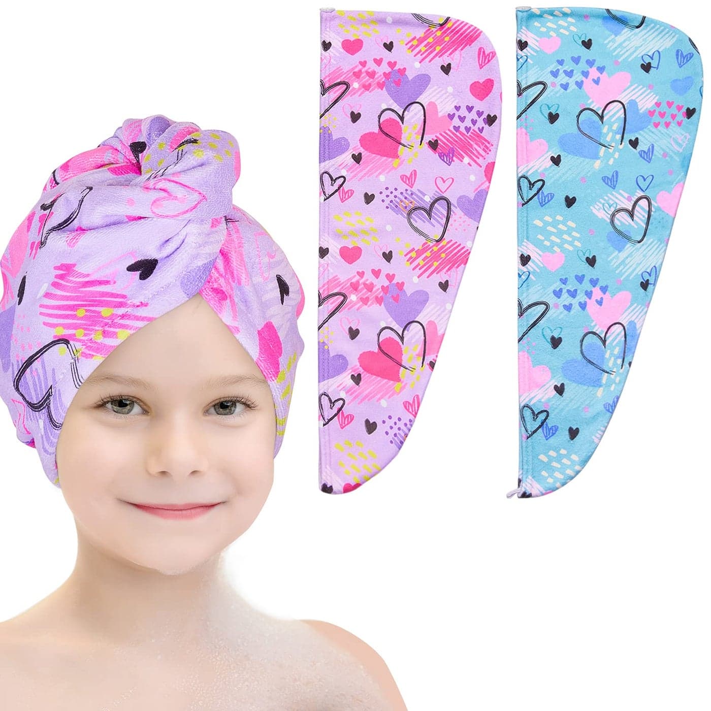 Basumee Microfiber Hair Towel Wrap for Kids 2 Pack Rapid Drying Hair Towel with Button Hair Turbans for Wet Hair Wraps Head Towel Wrap for Women and Girls Blue and Purple Love