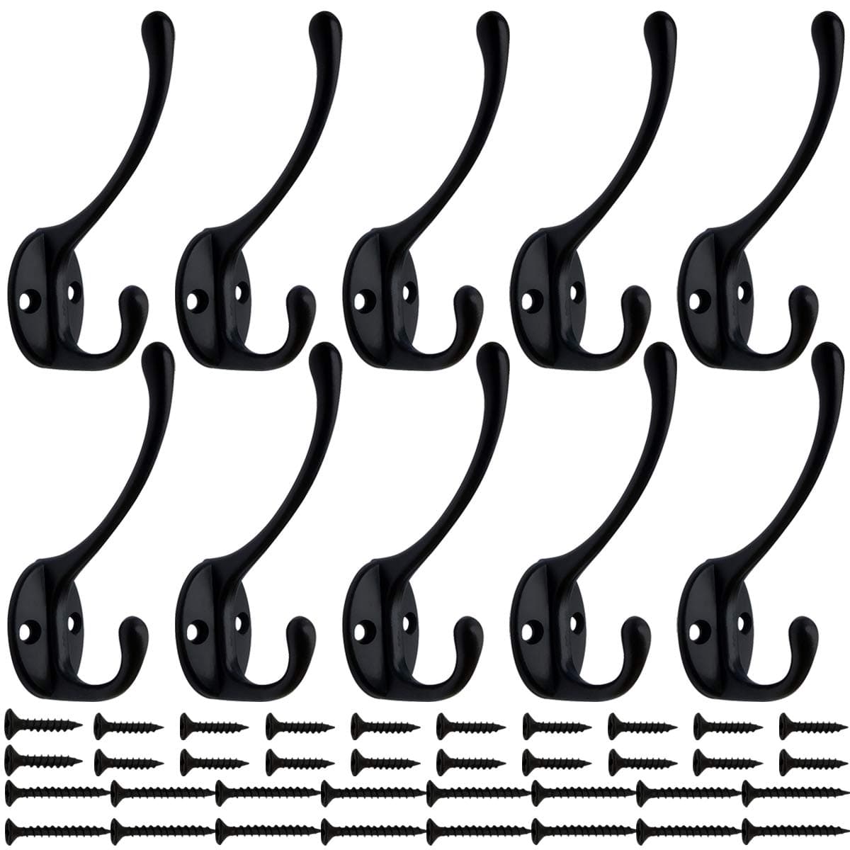 IBosins 10 Pack Heavy Duty Dual Coat Hooks Wall Mounted with 40 Screws Retro Double Hooks Utility Black No Rust Hooks for Coat Scarf Bag Towel Key Cap Cup Hat Black