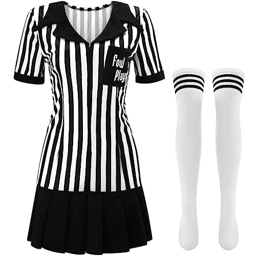 Yahenda Women Referee Costume White and Black Zipper Collar Stripe Shirt Skirt Outfit Long Sock for Halloween CosplayS