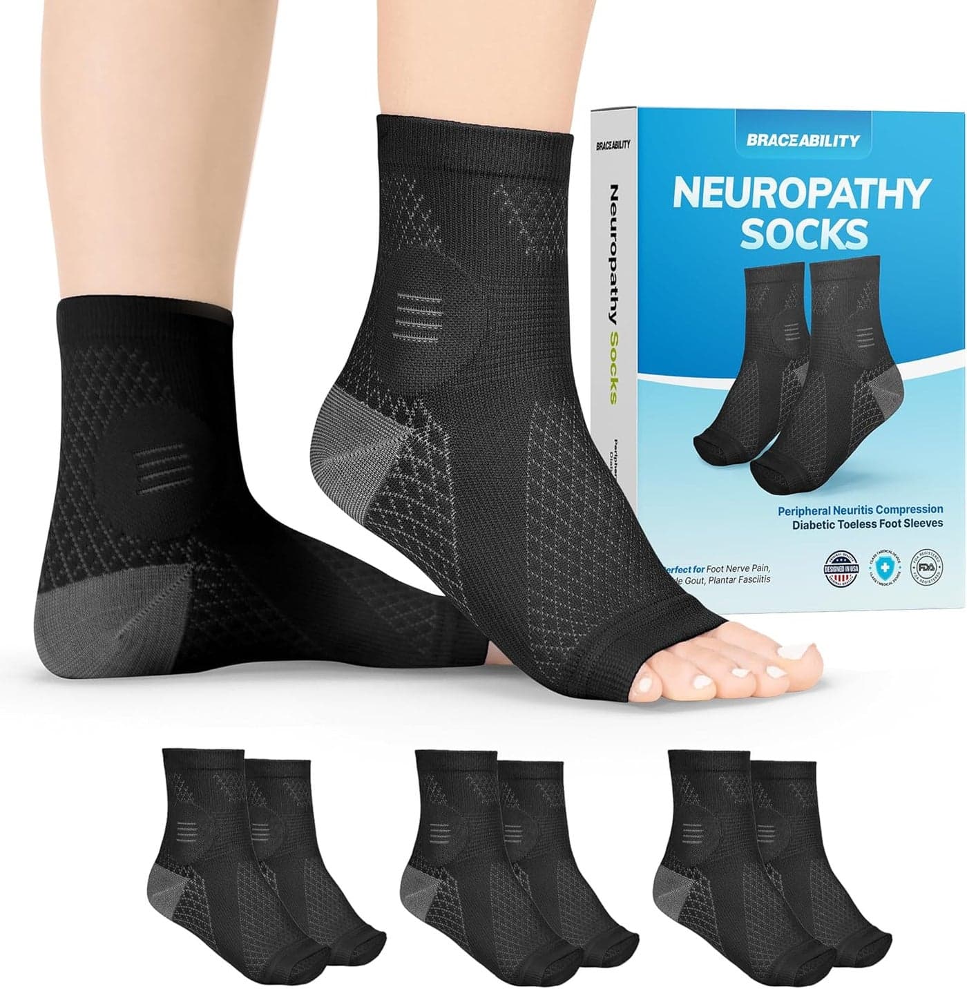 BraceAbility Neuropathy Socks (3 Pairs) - Multipack Peripheral Compression Diabetic Toeless Foot Sleeves for Nerve Damage in Feet, Ankle Gout, Plantar Fasciitis Relief for Men and Women (M - Black)