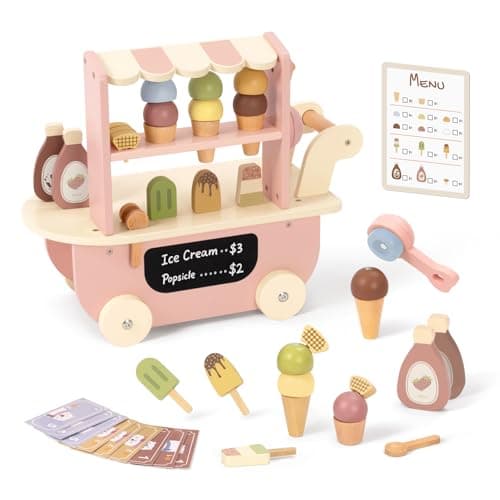 OOOK Wooden Ice Cream Cart for Kids Ice Cream Truck Toy with Scooper Wheels Play Kitchen Accessories for Pretend Play with Menu Pretend Money Imaginative Preschool Toys for Girls Boys 3