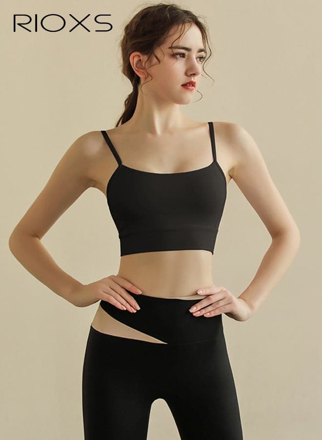 Women's Spaghetti Strap Bra, Backless Sports Bra Without Hooks, Yoga, Running, Fitness, Low-Intensity Training Top for Spring/Summer, Black