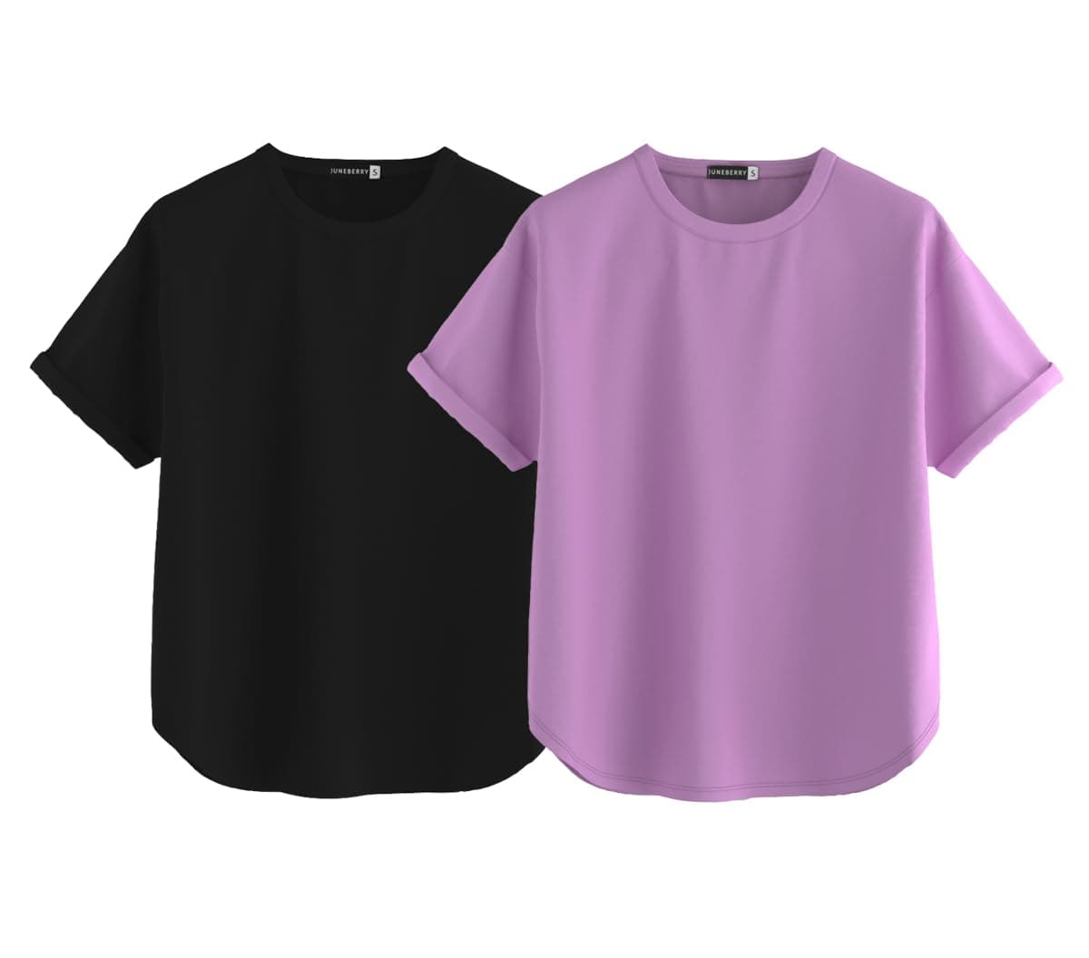 JUNEBERRY® Pure 100% Cotton Oversized Loose Baggy Fit Round Neck with Drop Shoulder Black & Lilac Half Sleeves Boyfriend T-Shirt for Women & Girls (PO2_BF_44BK_42LL_XXL)