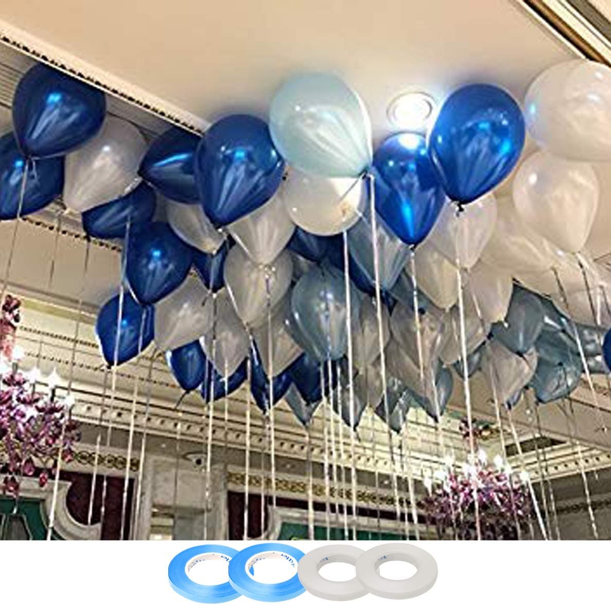 AMFIN® 10 Inch Dark Blue, Light Blue & White Metallic Balloons with Matching Ribbon for Decoration,Balloon for Birthday Decor/Anniversary/Party/Baby Shower/Party/Home Decor