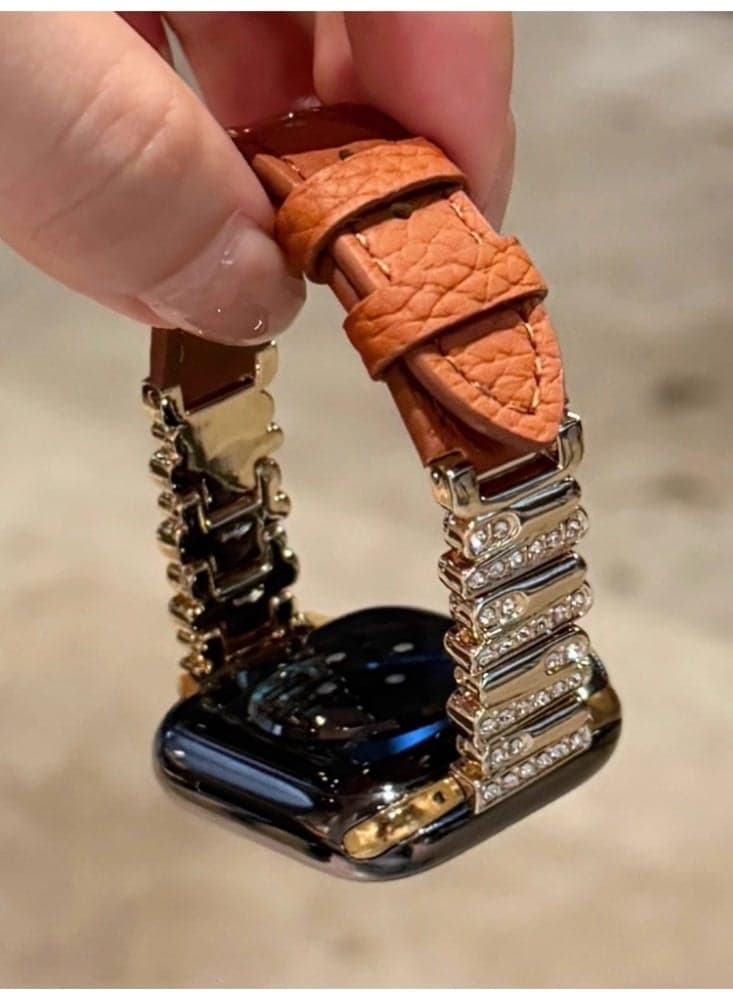 Irregular Diamond Studded Lychee Patterned Leather Watch Strap Brown Belt With Gold Buckle For Strap Only Suitable For 42mm (10th Generation)