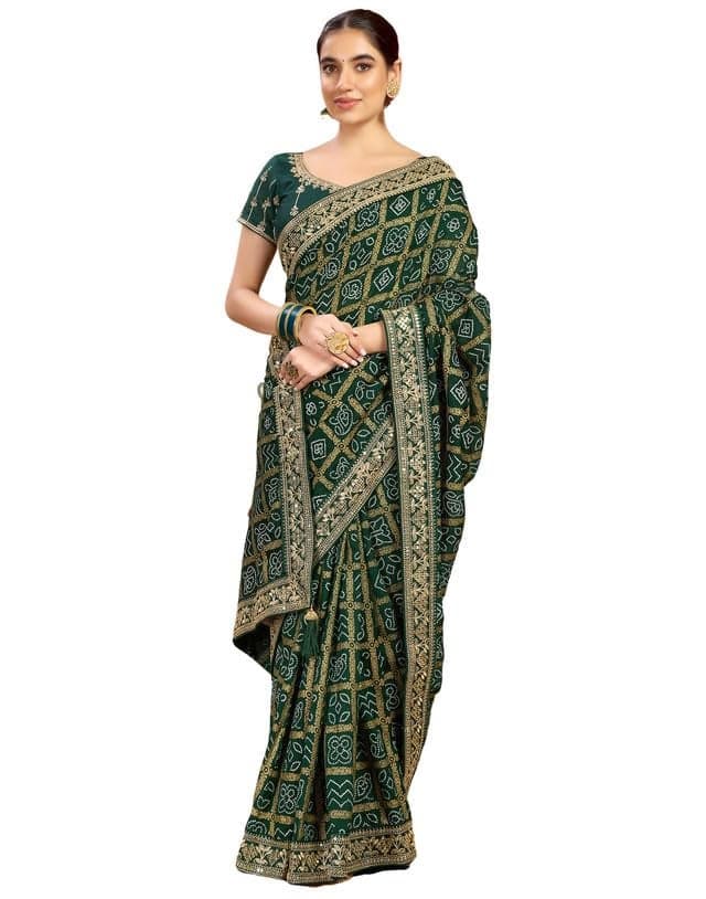 SIRIL Women's Georgette Bandhani Foil Printed Embroidery Saree with Unstitched blouse Piece (4114S658_Dark Green)
