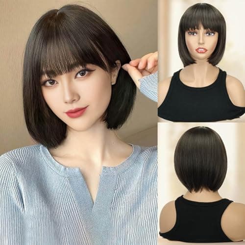 Creamily Straight Short Hair Wig for Woman Full Head Natural, Full Head Hair Wig for Women, Bob Cut Wigs for Women, Ladies Wigs with Bangs,Korea Bob Style for Daily Use (Brown, 14 Inches)