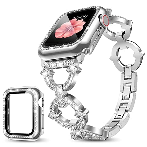 Mesime Compatible with Apple Watch Band 38mm 40mm 41mm 42mm 44mm 45mm , Women Girl Bling Diamond Jewelry Metal Strap Bands with Crystal Tempered Glass Screen Protector Case, Round Shiny Bracelet