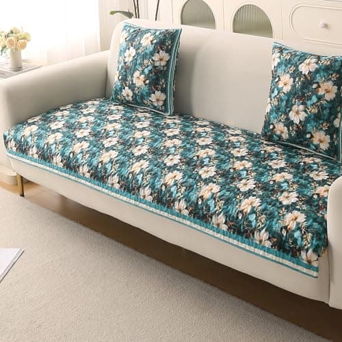 HOKIPO 'Florentina Series' Foam Filled Premium Holland Velvet Antiskid Sofa Cover Mat for 1/2/3 Seater & L-Shape Sofa. Make Your Own Set, Mat 70(D) x 170(L) cm, Pansies Teal (IN-881-V5)