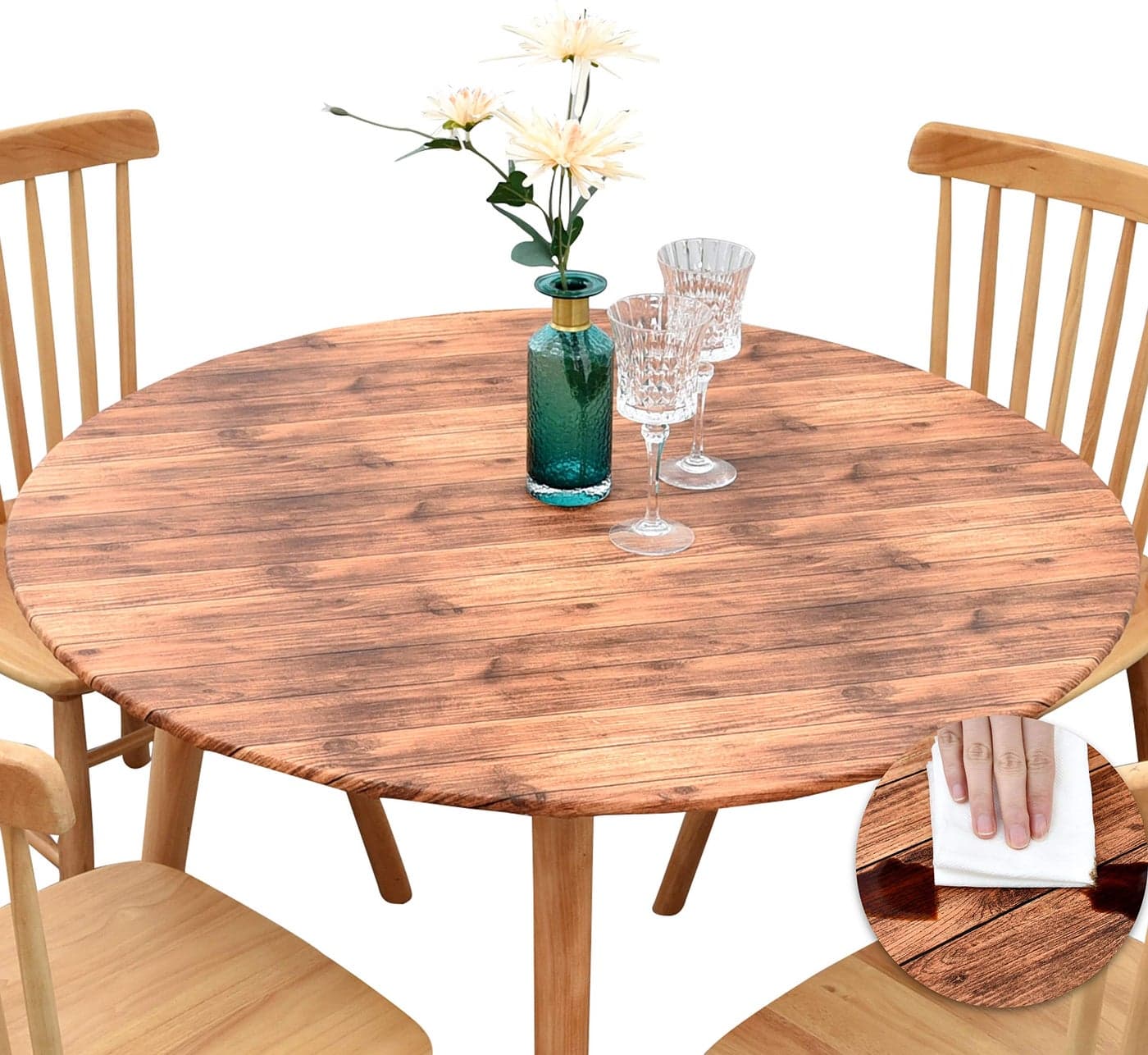Rally Home Goods Indoor Outdoor Patio Round Fitted Vinyl Tablecloth Flannel Backing Elastic Edge Waterproof Wipeable Plastic Cover Brown Barn Wood Grain Plank for 6Seat Table 4356 Diam