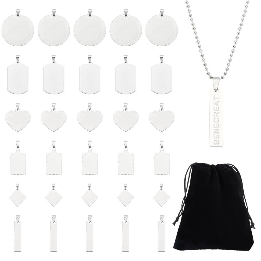 BENECREAT 30PCS Mixed Large Stainless Steel Stamping Blanks RoundRectangleHeart Pendants Charms with Black Velvet Bag and Clear Storage Box for Necklace Bracelet Making and ID Name Tags 1mm Thick