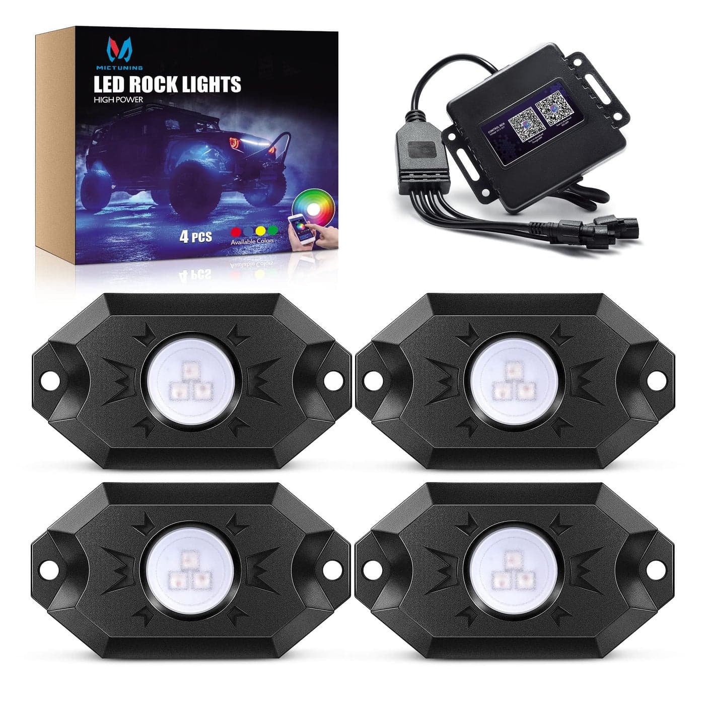 MICTUNING RGB Rock Lights with Upgraded APP Bluetooth Controller Timing Function Music Mode 4 Pods Multicolor Neon Light Kit