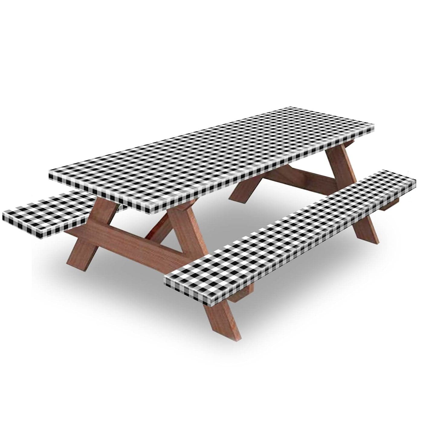 KENOBEE 8ft Picnic Table and Bench Cover Camping Essentials RV Gear 96 in Waterproof Windproof Outdoor Elastic All Around Tablecloth Fitted Rectangle Tables and Seats BlackWhite Checkered