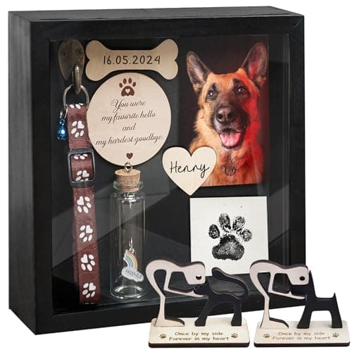 vinatimes 8.6'' Pet Memorial Gift Shadow Box Black Collar Holder Picture Frame Pet Paw Ink Kit Dog Wooden Sculpture Bottle Rainbow Pet Hair Keepsake Gift Loss of Dog Cat Tabletop Wall Hanging PSD-4B