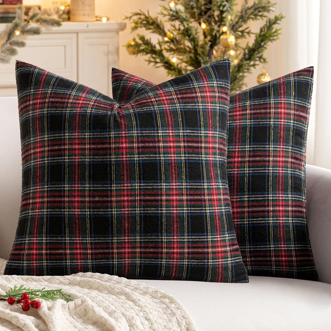 MIULEE Christmas Set of 2 Scottish Tartan Plaid Throw Pillow Covers Farmhouse Classic Decorative Outdoor Square Cushion Cases for Decor Sofa Couch 18x18 Inch Dark Blue