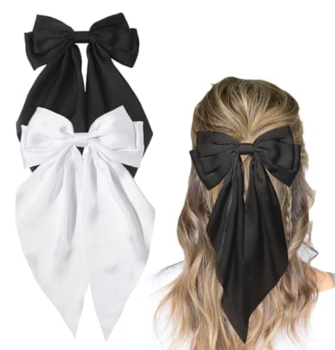 Furling Pompoms Hair Bow Clips Black White Big Satin Barrette Alligator Clips Long Tail Hair Accessories for Women Girls TeensPack of 2