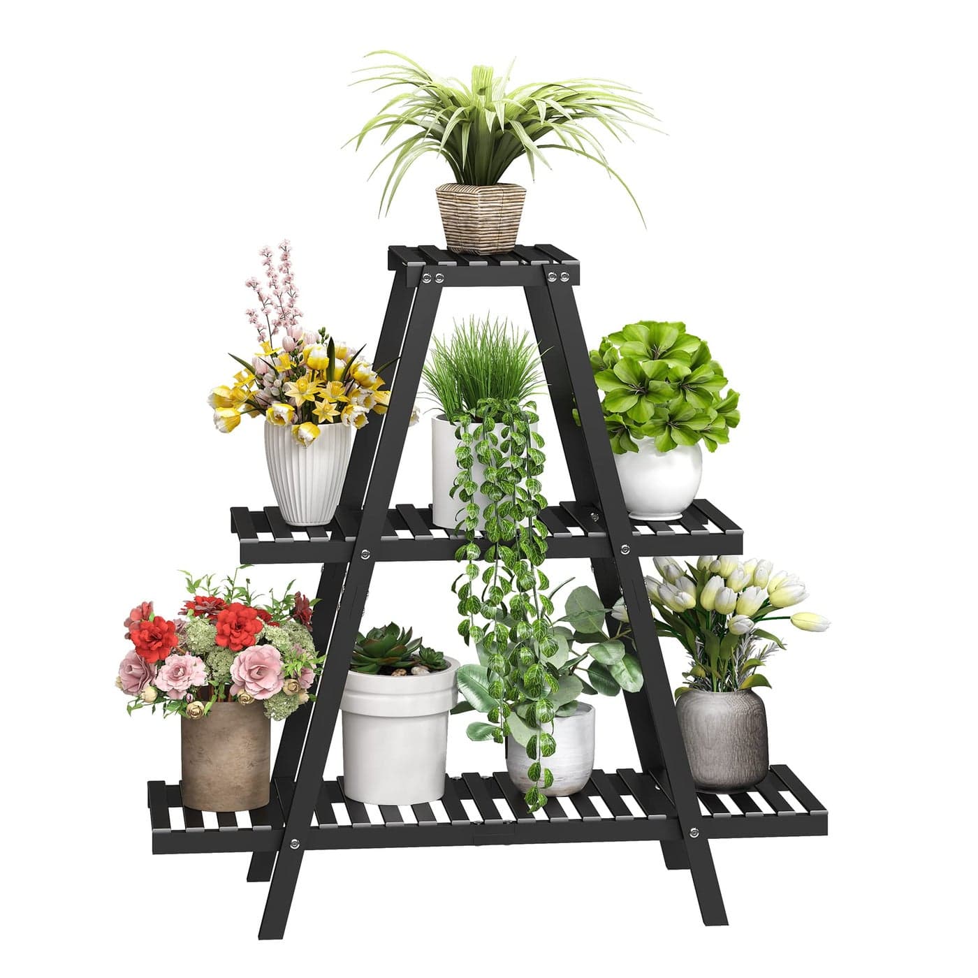 BMOSU Plant Stand Bamboo for Indoor Outdoor Tiered Plant Shelf 8 Potted Flower Holder Ladder Rack Garden Balcony Living Room Patio3 Tier Black