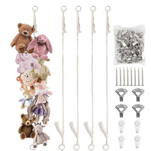 Munzong Stuffed Animal Storage Chain 80 Inch 4pcs Beige Hanging Stuff Animals organizer Cotton Toy Display Chain with 80 Clips Toys Organizers Holder for Room Wall Corner Decor