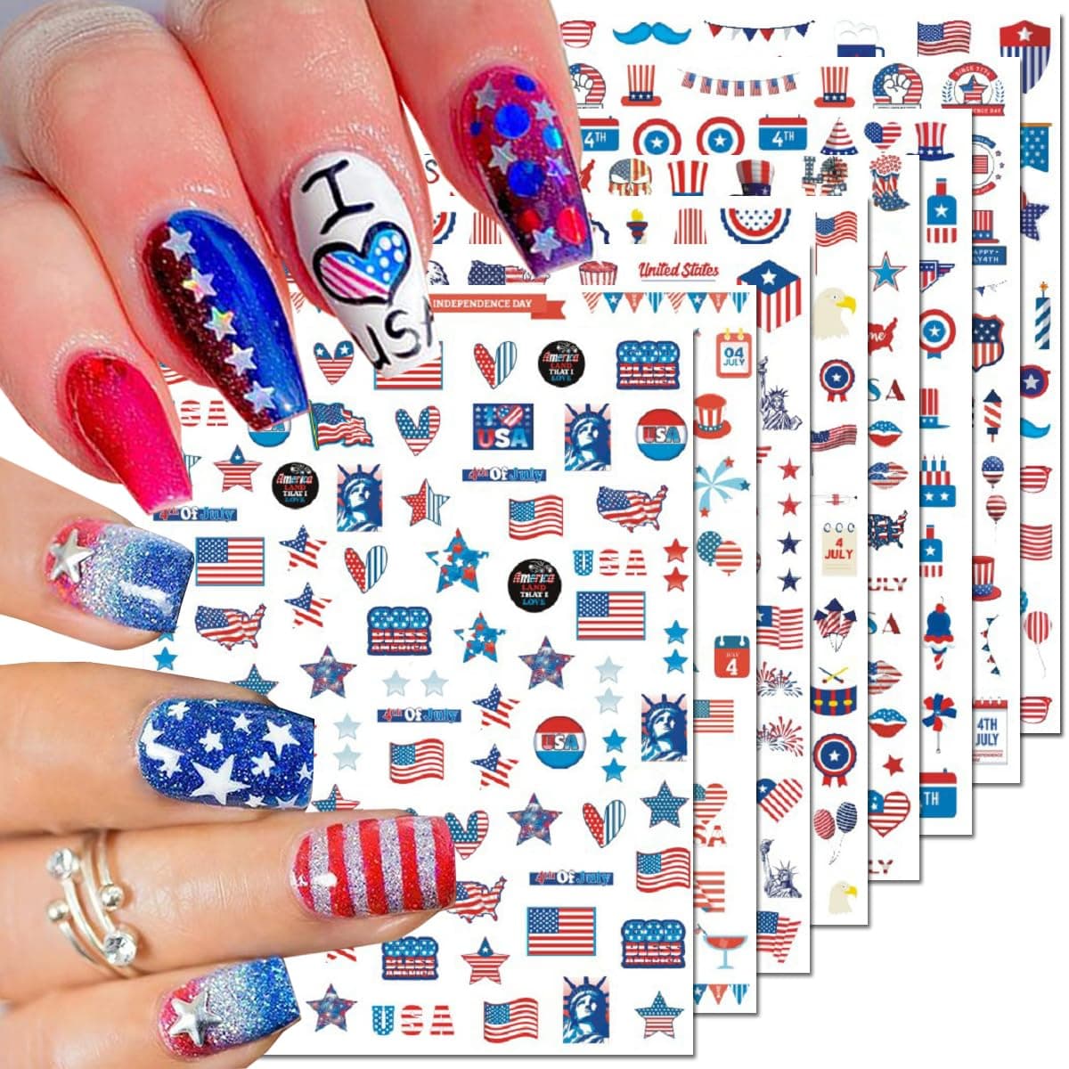 BSBTBZ 8PCS Independence Day Nail Art Sticker 4th of July Nail Decals 3D SelfAdhesive USA Flags Heart Star Stripe Nail Designs Memorial Day Nail Supplies American