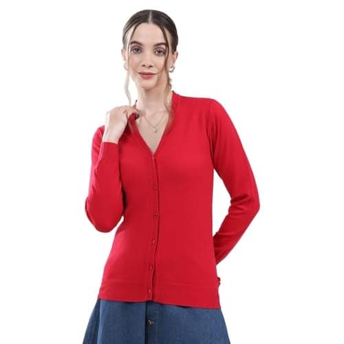 Monte Carlo Women's Regular Fit Cardigan | Solid Pattern | Button Closure with Full Sleeves V Neck Winter Cardigan for Womens Red XXL (Pack Of 1)