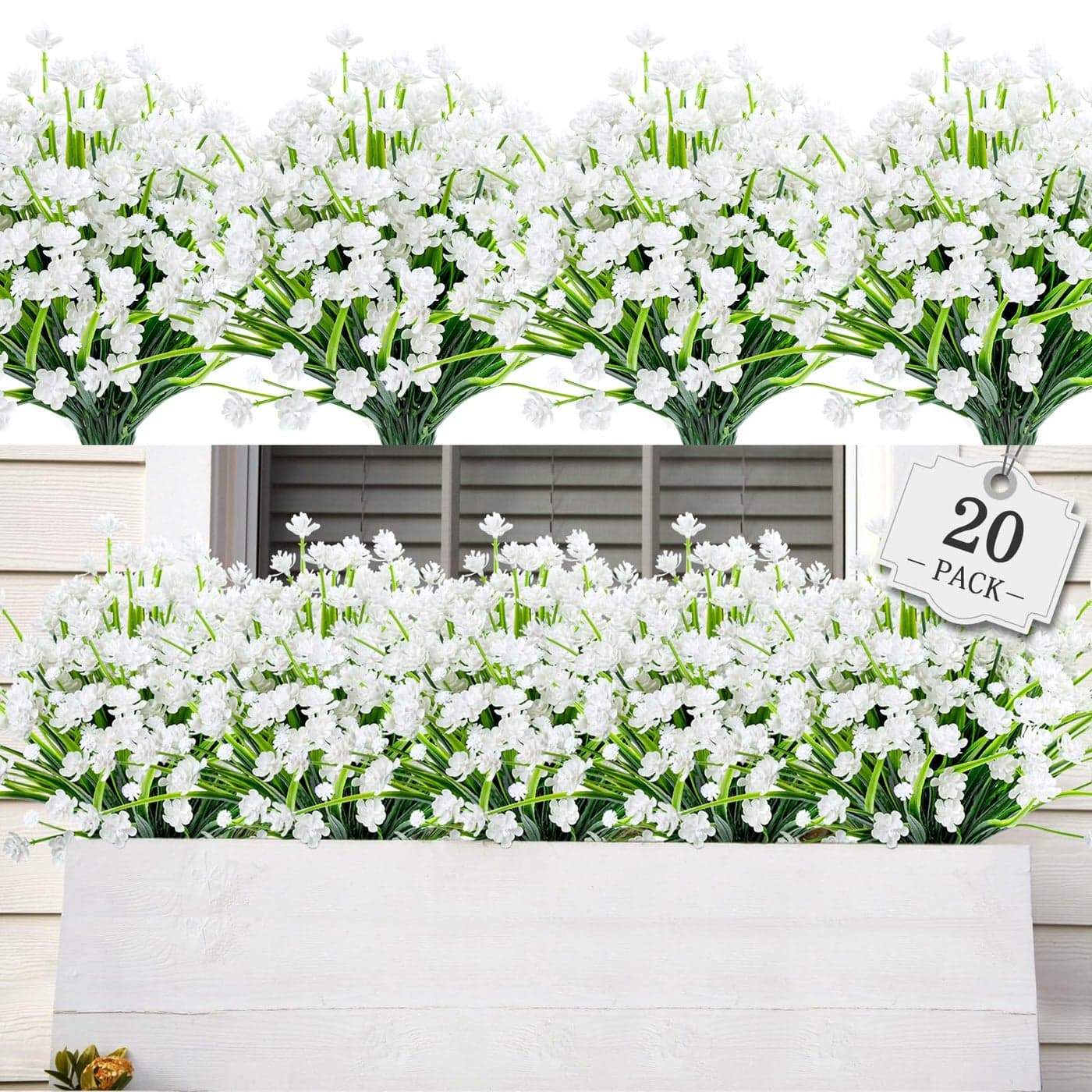 AmyHomie 20 Bundles Artificial Flowers for Outdoor Outside Spring Summer Decoration UV Resistant Faux Flowers No Fade Fake Plastic Plants Garden Porch Window Box Decorating Pure White