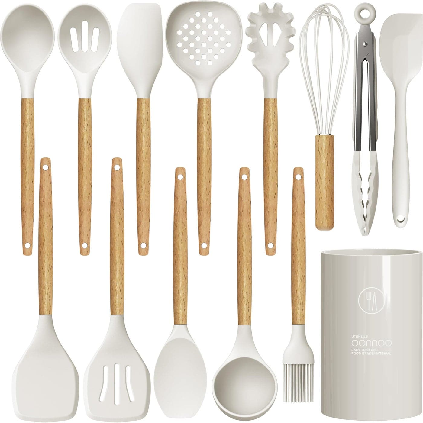 Silicone Cooking Utensils Set 446F Heat Resistant Silicone Kitchen Utensils for CookingKitchen Utensil Spatula Set w Wooden Handles and Holder for NonStick Cookware BPA FREE Cream White