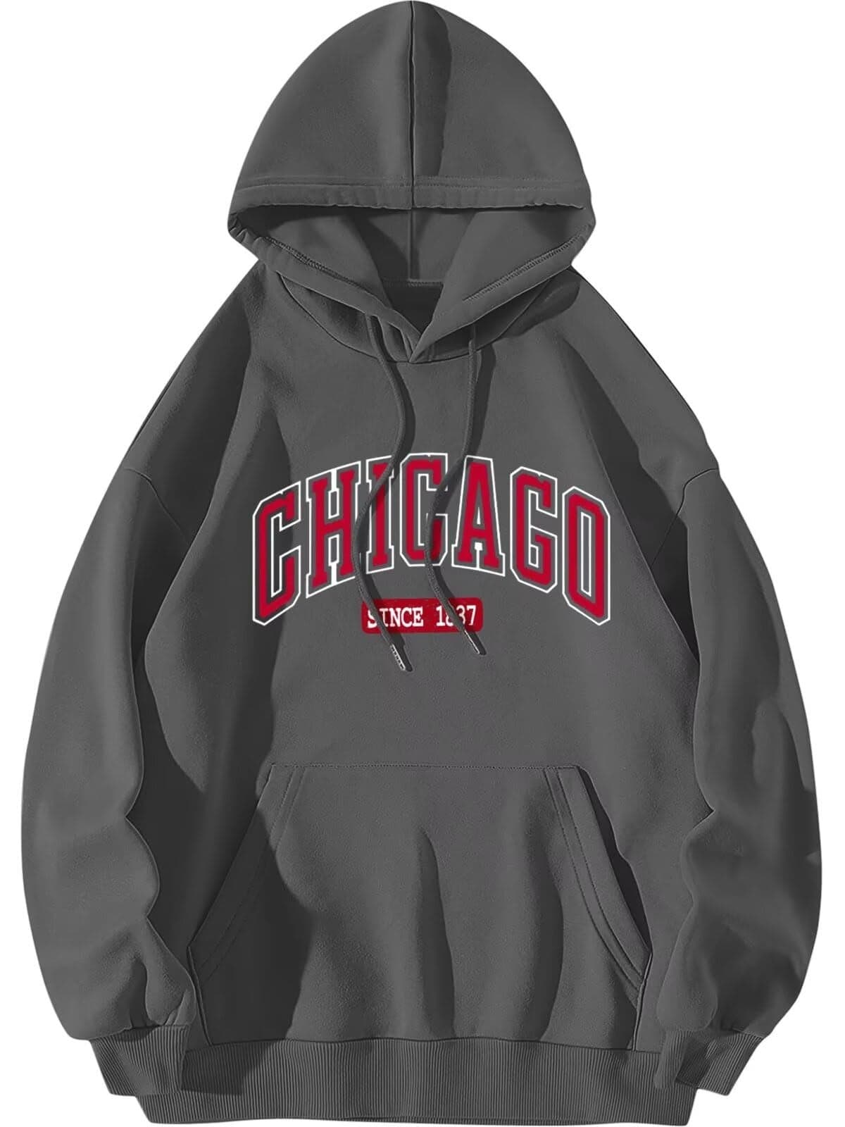 ORANDESIGNE Letter Graphic Print Hoodies for Women Oversized Long Sleeve Casual Drawstring Fall Pullover Sweatshirt Tops CHICAGO Grey Large