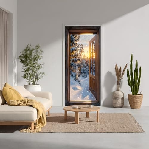 WOOHOOROO 3D Fake Door Wall Stickers Peel and Stick Winter Forest Tree,Removable Doorway View Decals for Home Decoration,30.3 "W x 78.7 "L,Set of 2 Sheets