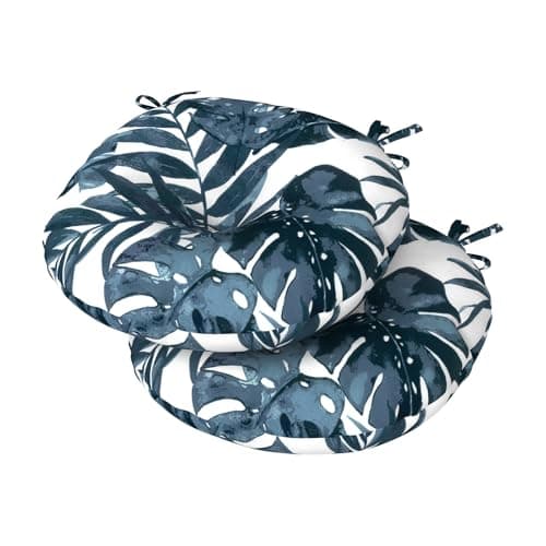 DYTXIII Set of 2 Outdoor Round Chair Cushions 15"x15"x4" with Ties, Water Repellent Tufted Bistro Seat Cushions, Thick Patio Chair Pads for Bar Stool, Garden & Dining Furniture - Palm Blue