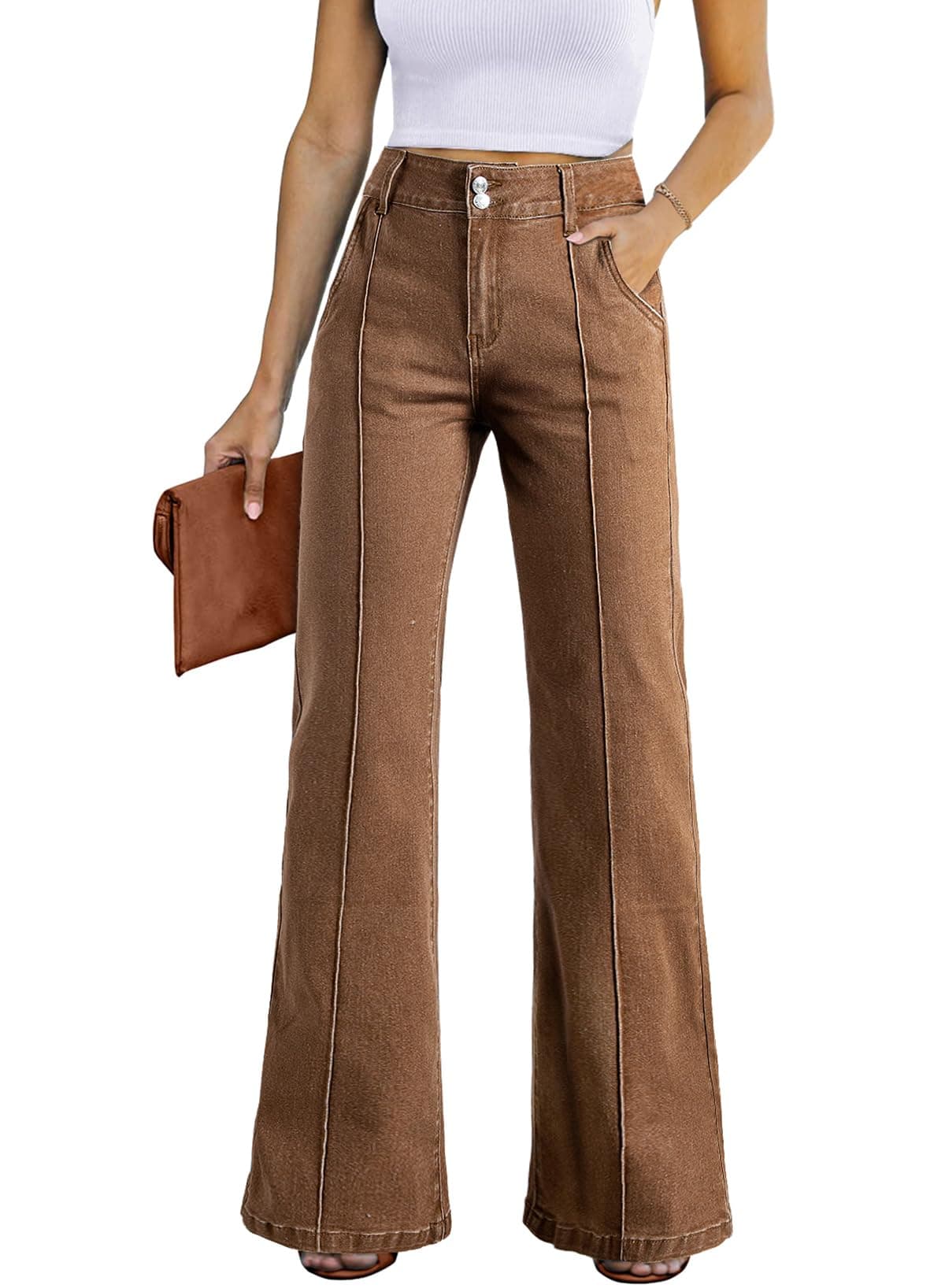 Sidefeel Womens Wide Leg Jeans Casual Baggy High Waisted Stretch Denim Pants Size 8 Brown