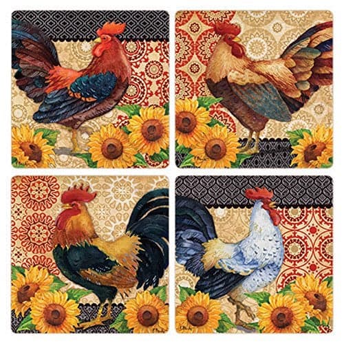 CoasterStone Roosters and Sunflowers Absorbent Coasters (Set of 4), 4-1/4", Multicolor