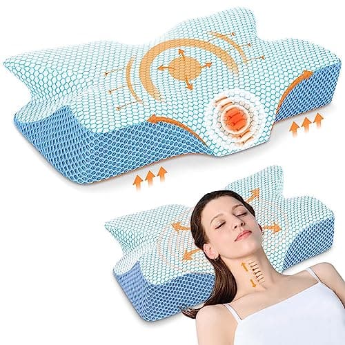 Anvo Cervical Neck Pillow for Neck and Shoulder Pain - Memory Foam Pillows for Pain Relief Sleeping, Contour Orthopedic for Side Back Stomach Sleeper, Blue Firm