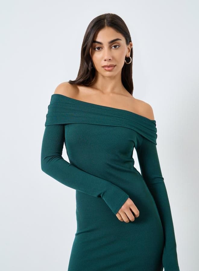 Styli Teal Ribbed Off Shoulder Midi Dress