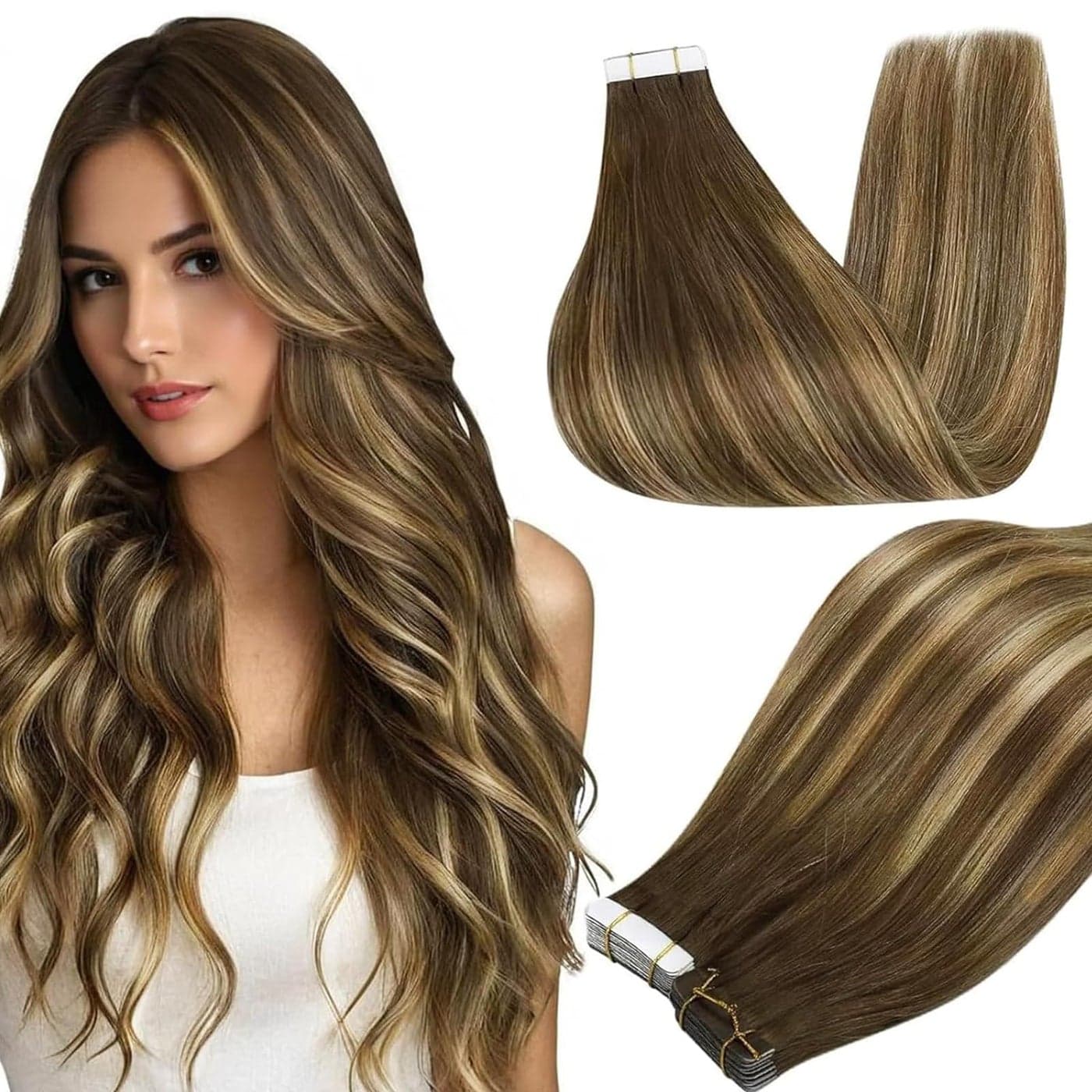 Full Shine 20Inch Tape in Hair Extensions Real Human Hair Brown to Blonde Color 4244 Balayage Seamless Hair Extensions 20Pcs 50G Invisible Tape ins Human Hair Extension Remy Hair for Wedding