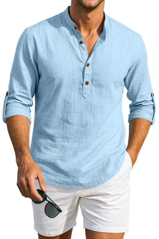 Macsivo Cotton Blned Solid Casual Short Kurta for Men Full Sleeve Band Collar Stylish Shirt Kurta for Men Sky
