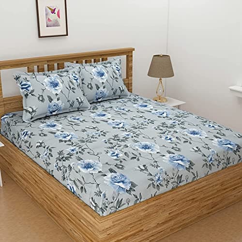 Furnistitchs King Size Bed Cover Elastic Fitted Bedsheet with 2 Pillow Covers (240 X 260 cms, Floral Checks)
