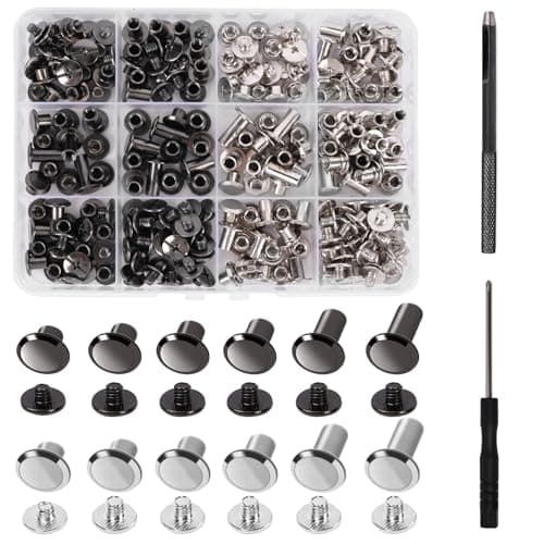 Chicago Screws AIIQESBT 110 Pcs Leather Rivets with 2 Pcs Tool Kit Assorted Screw Rivets Binding Set for Decorate Repair Leather Crafting Belts Bag Purse DIY Crafts Gunmetal Black Silver