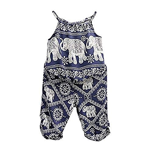 2Pcs/Set Kids Baby Girls Elephant Jumpsuit Romper, Straps Tops+Harem Pants Outfit (3-4 Years, Blue)